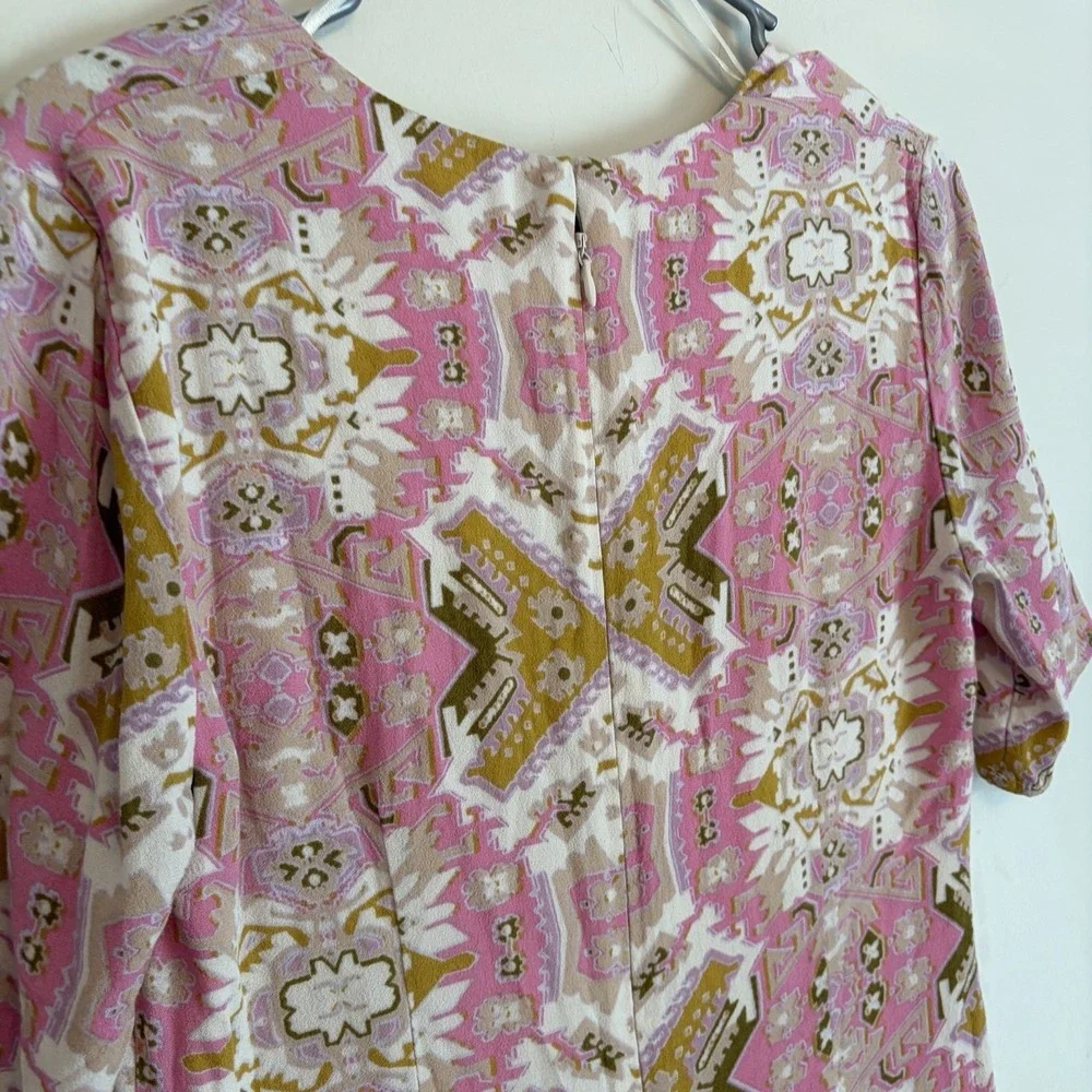 Free People Mini Tunic Dress‎ Sz Medium Pink Printed Short Sleeve V-neck Lined